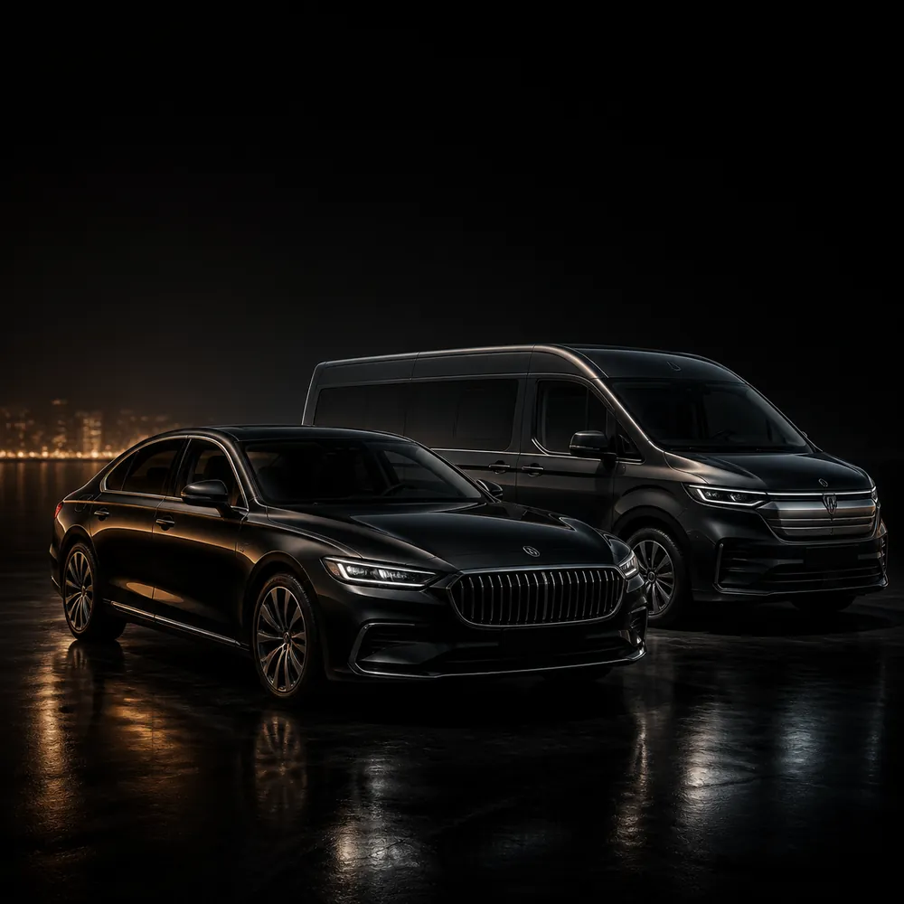 A 3D fleet visual showing a black executive sedan and passenger van