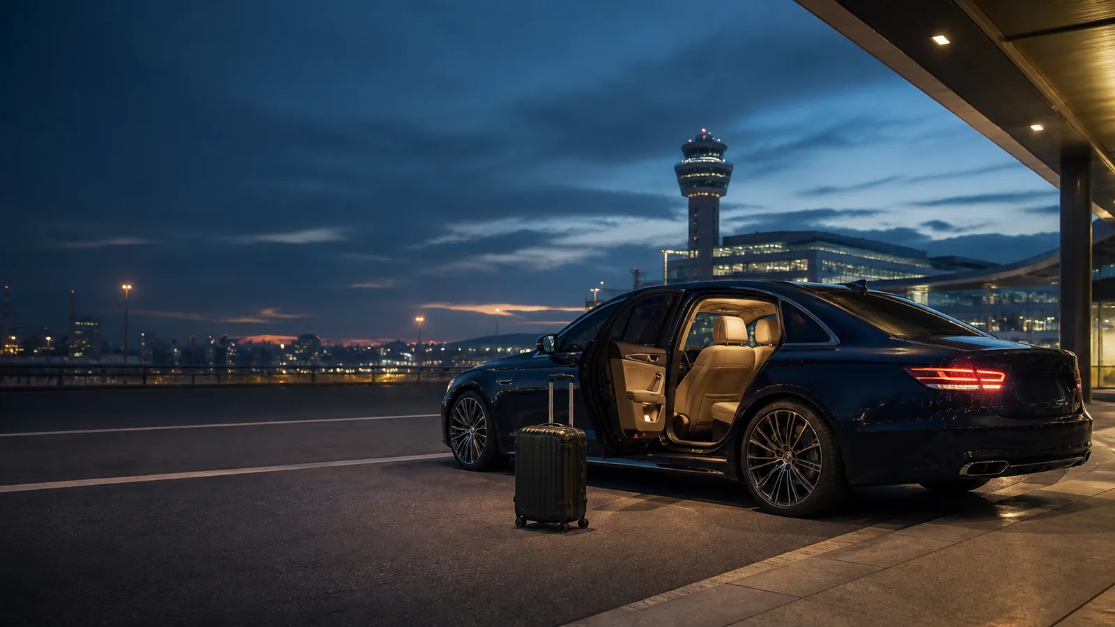 3D illustration of a black executive sedan outside the airport
